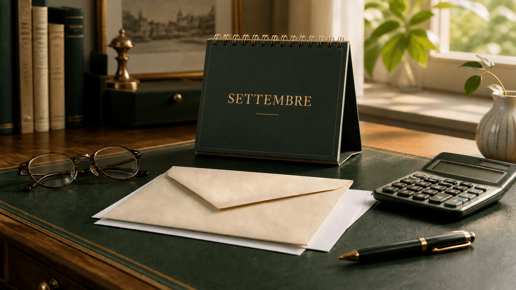 Calendario di settembre, busta, documenti e calcolatrice per la ripresa di cartelle e avvisi fiscali