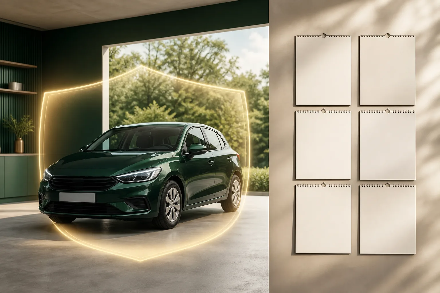 Automobile verde protetta da uno scudo accanto a sei calendari mensili