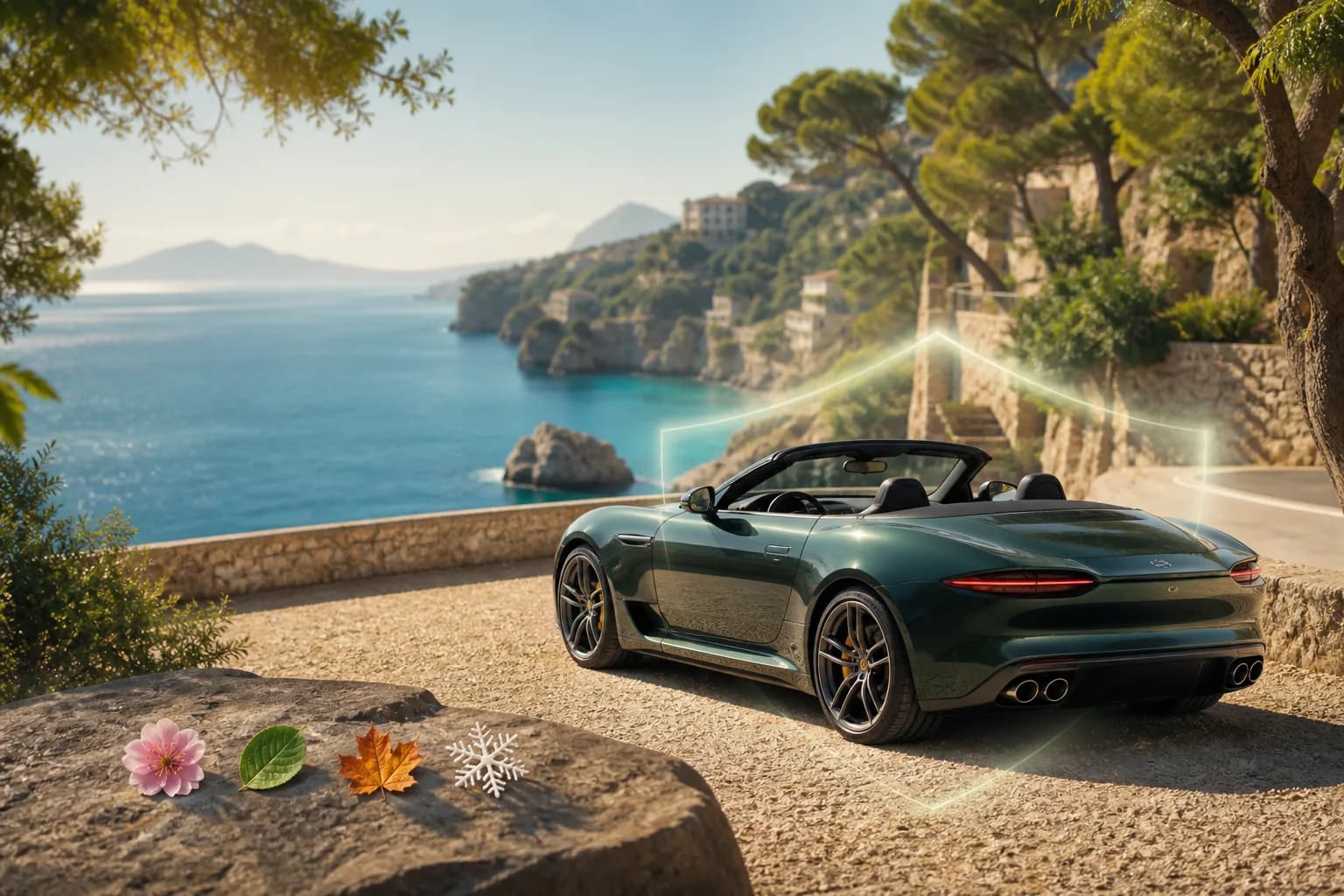 Auto verde su una strada costiera italiana con simboli delle quattro stagioni e protezione assicurativa