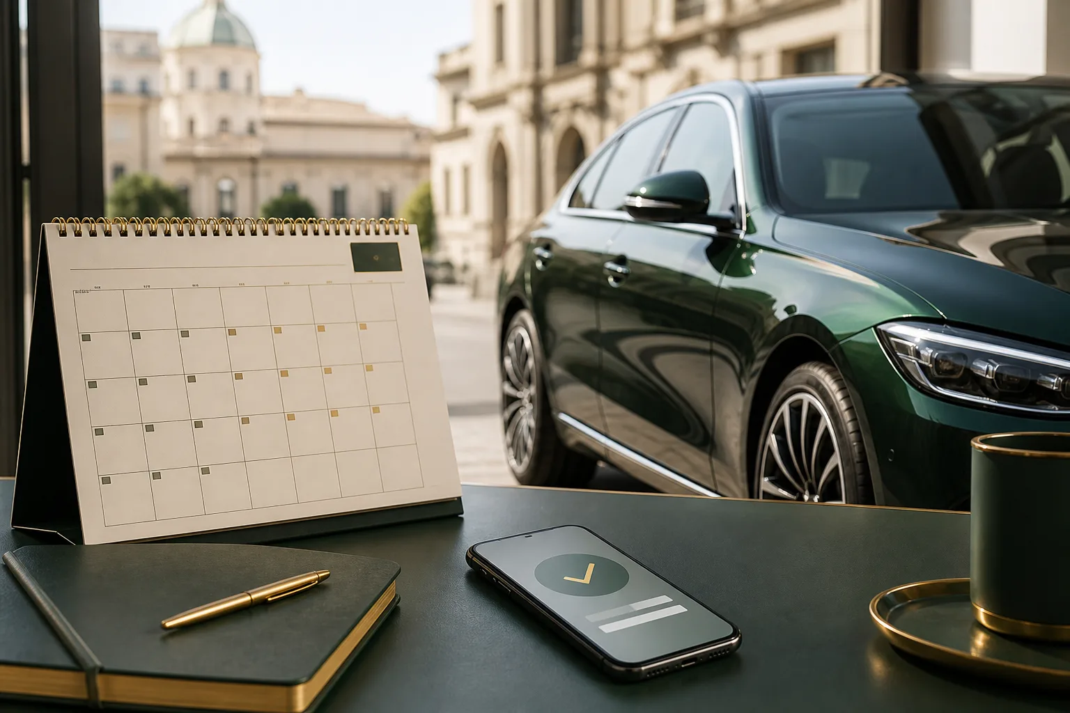 Auto verde accanto a calendario e smartphone per il pagamento del bollo auto 2026
