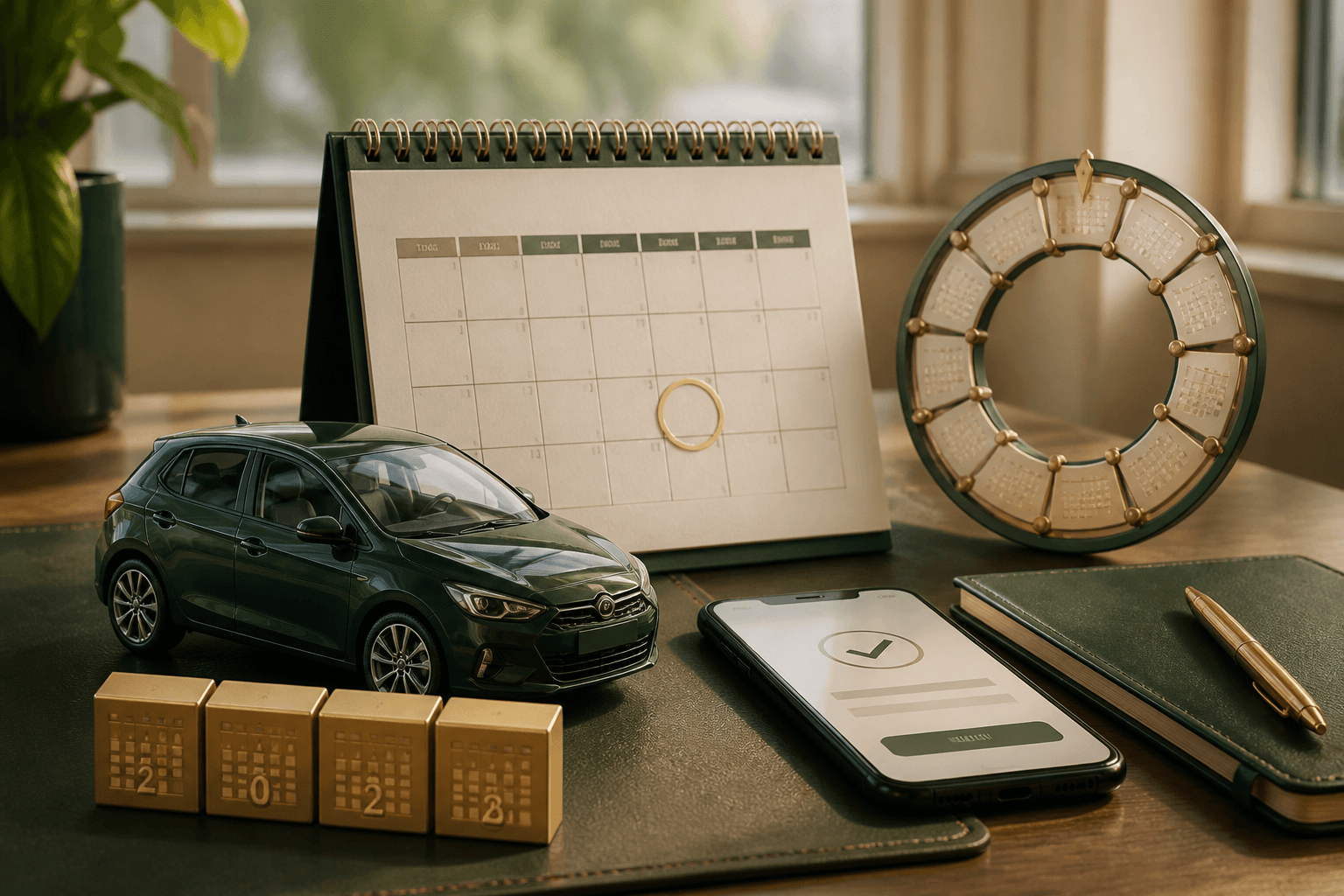 Automobile verde davanti a un calendario annuale e a uno smartphone per il pagamento del bollo auto 2028