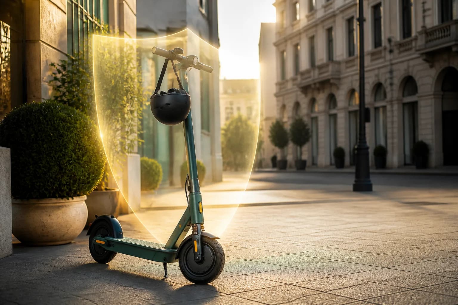 Monopattino elettrico verde protetto da uno scudo luminoso in una città italiana