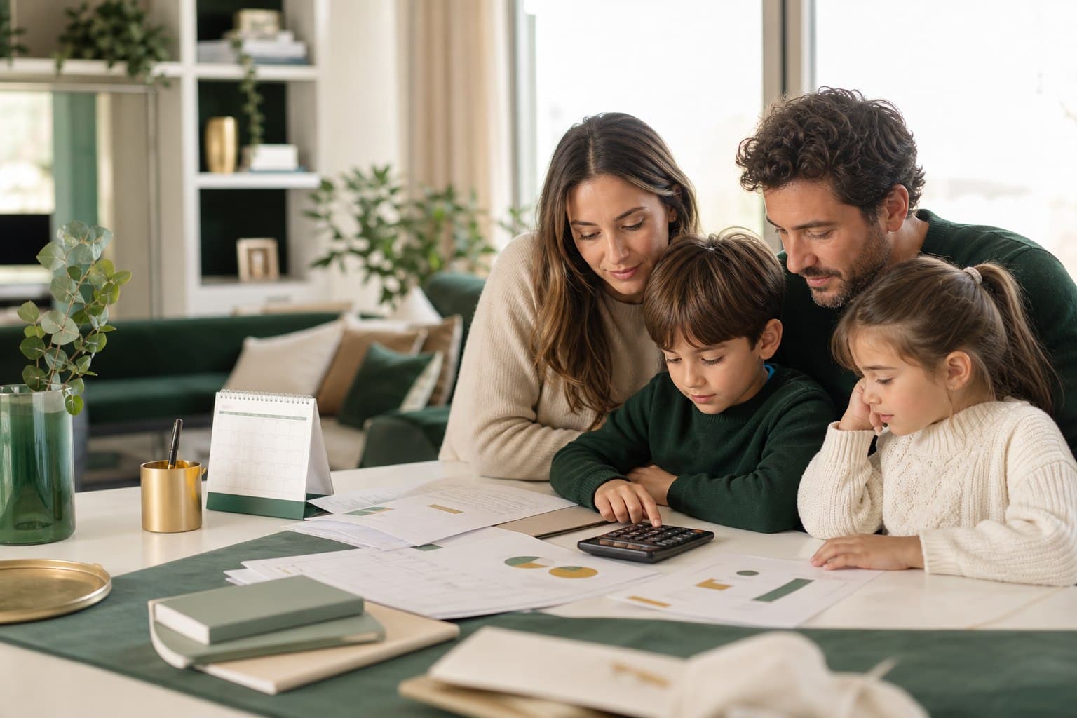 Famiglia con calendario e calcolatrice per stimare l’Assegno unico 2026