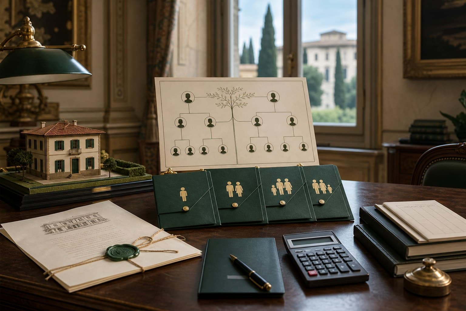 Documenti di eredità, casa e albero familiare accanto a una calcolatrice