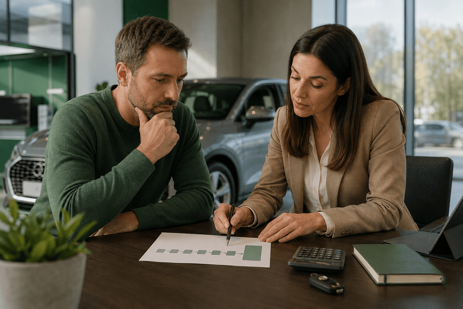Acquirente confronta rate di un finanziamento auto e maxi-rata finale in concessionaria