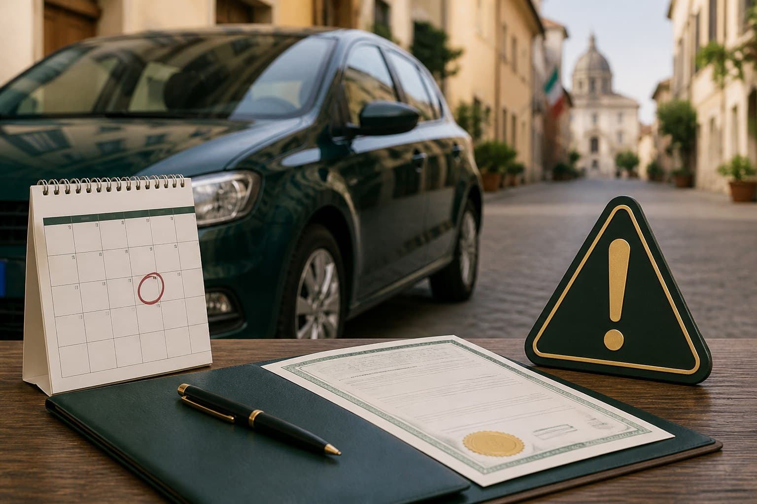 Automobile ferma accanto a un calendario di assicurazione scaduta