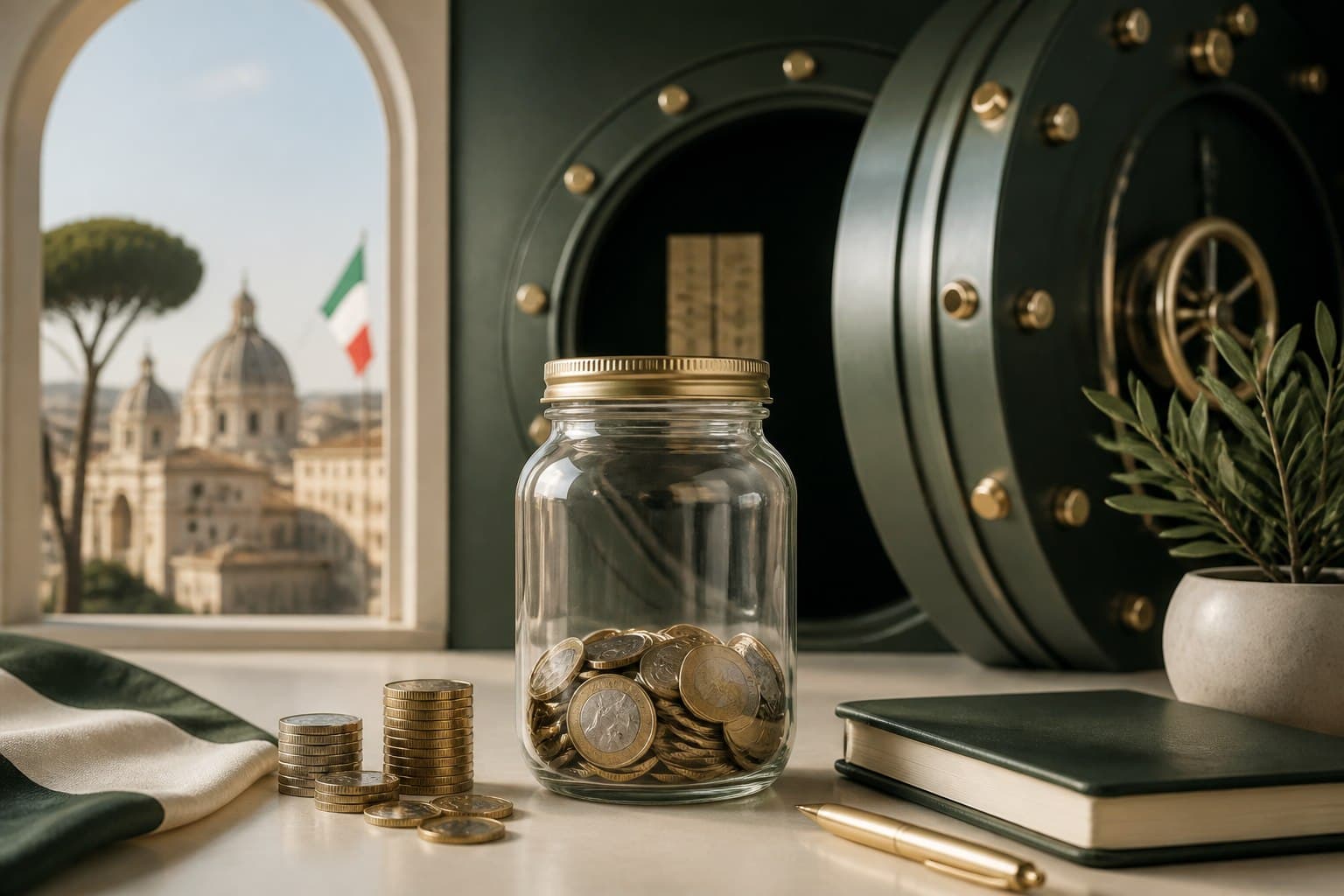 Risparmi protetti accanto a una cassaforte bancaria
