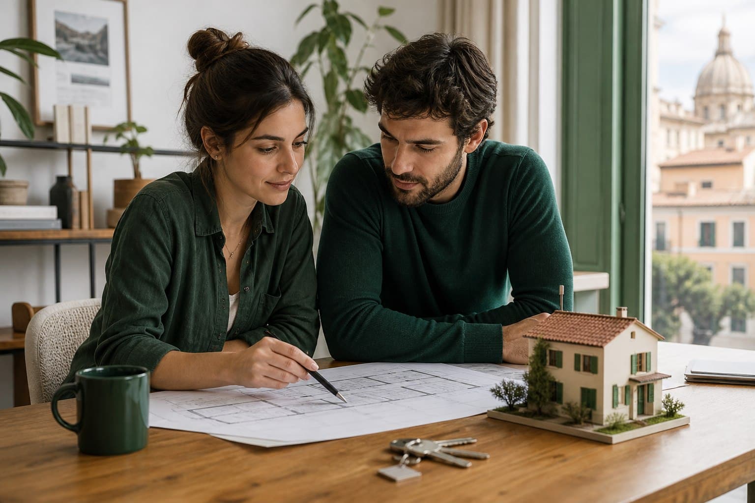 Coppia che esamina un mutuo accanto alle chiavi di casa