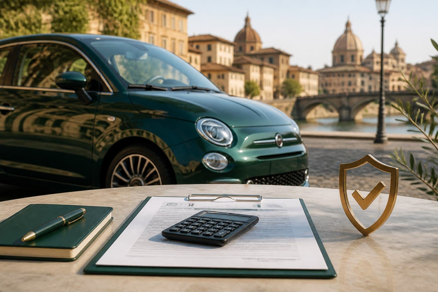 Automobile verde con calcolatrice e documenti assicurativi