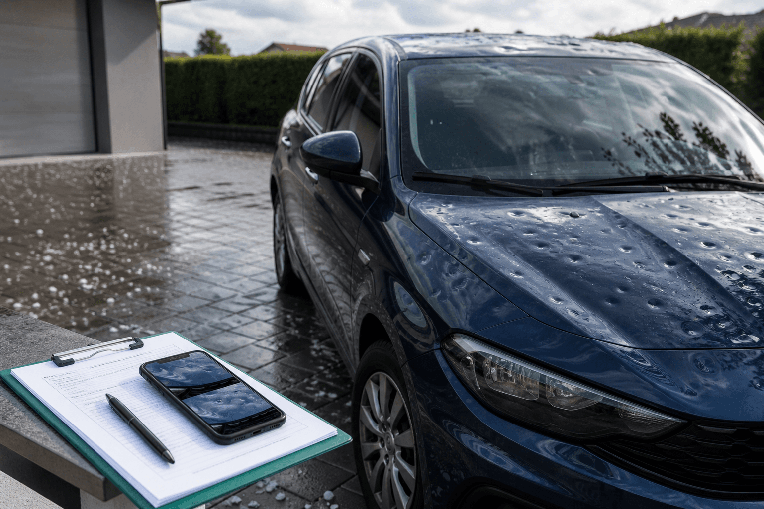 Auto danneggiata dalla grandine con modulo di denuncia e fotografie per la richiesta di rimborso