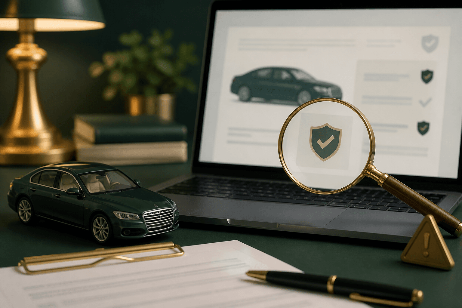 Preventivo RC Auto online controllato con lente, scudo e segnali di allarme