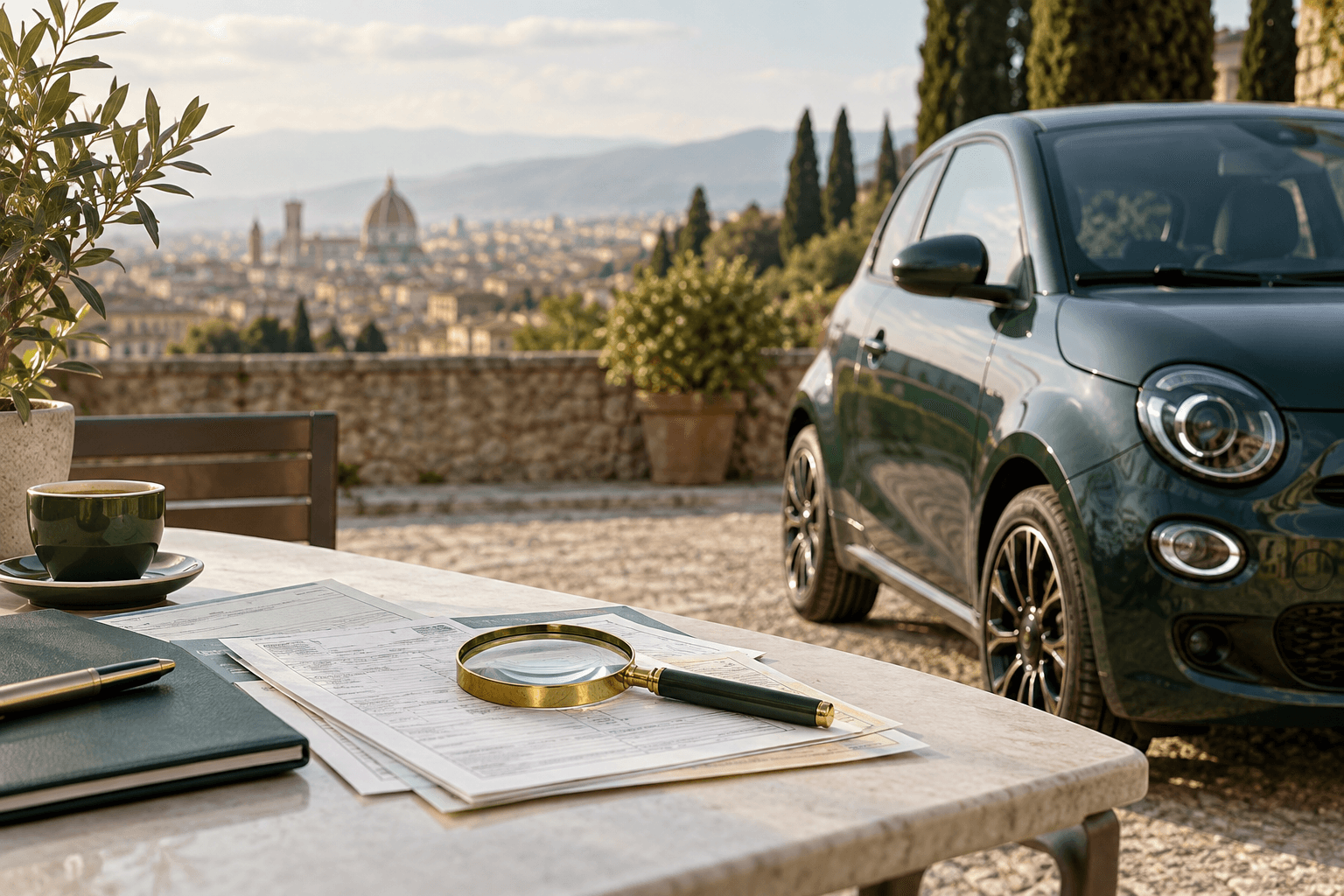 Auto compatta, documenti di circolazione e lente di ingrandimento per cercare i modelli entro 80 kW