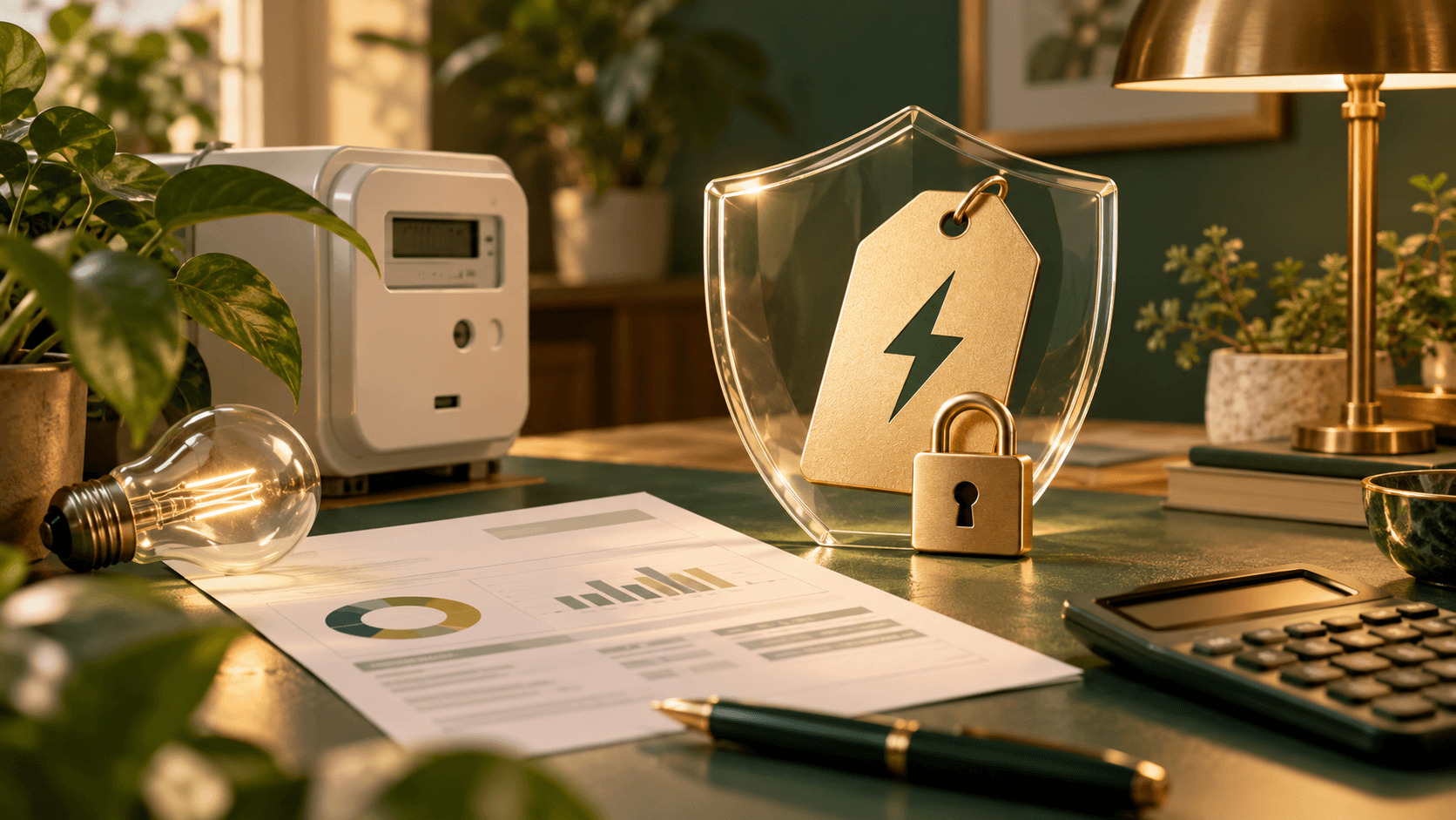 Bolletta elettrica protetta da uno scudo accanto a contatore, lampadina e calcolatrice