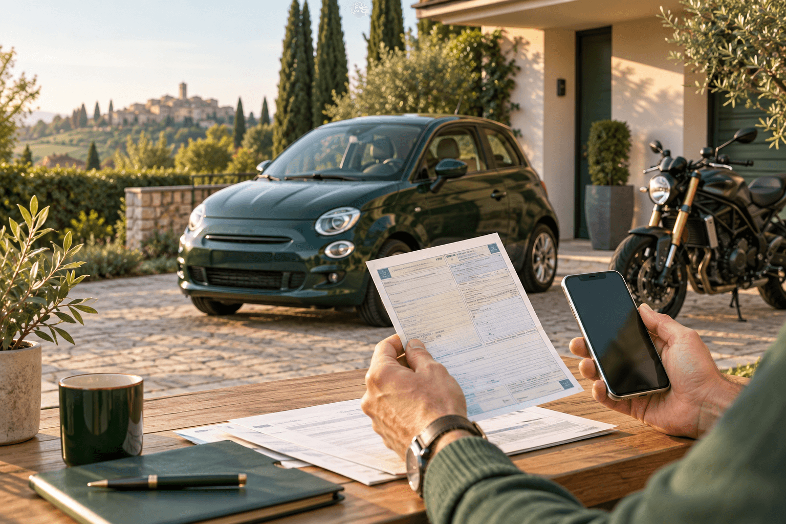 Automobile compatta e motocicletta davanti a una casa italiana, con libretto di circolazione e smartphone per il bollo auto