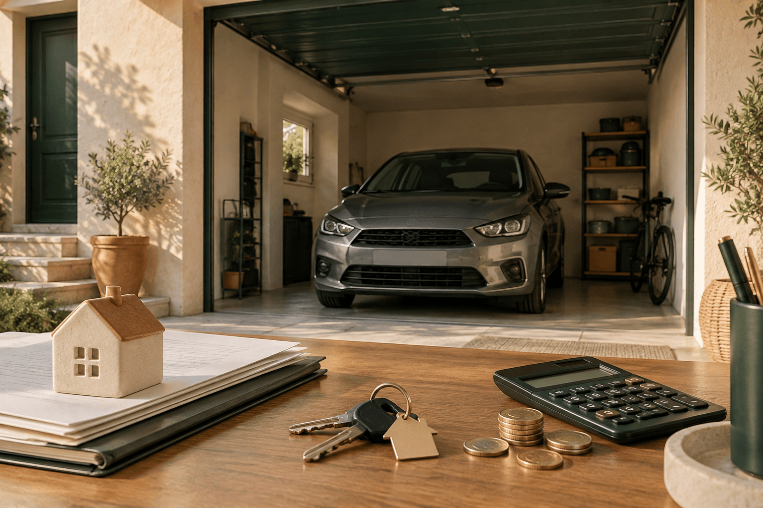 Auto custodita in un box pertinenziale con chiavi, documenti, calcolatrice e monete