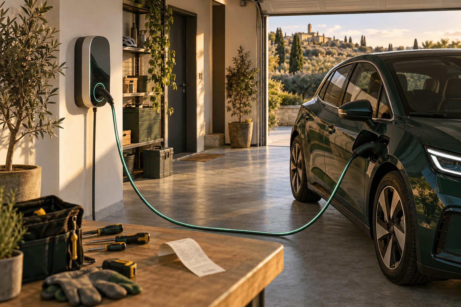 Wallbox domestica collegata a un'auto elettrica in un garage residenziale