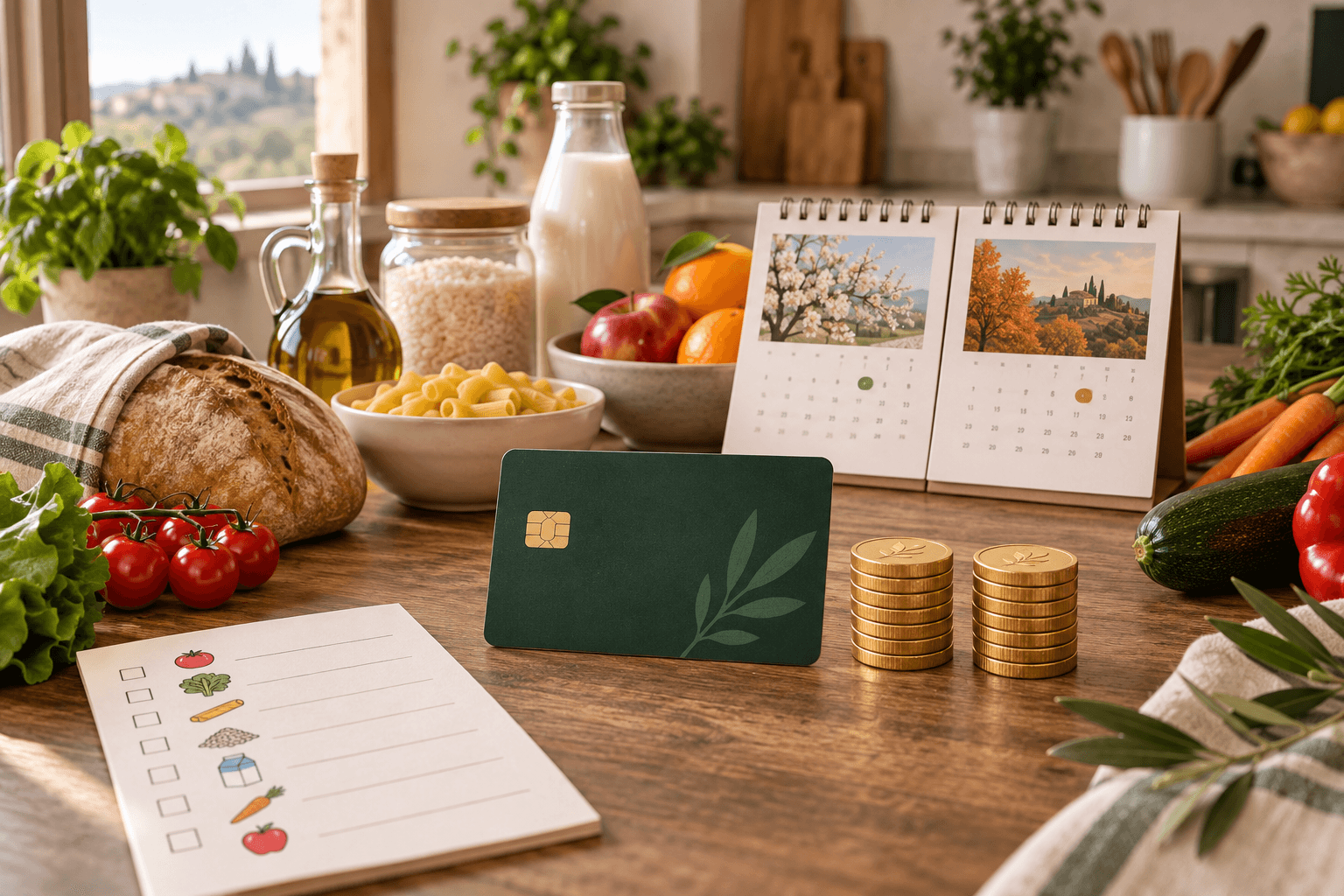 Carta prepagata simbolica tra alimenti di prima necessità, due calendari e due gruppi di monete
