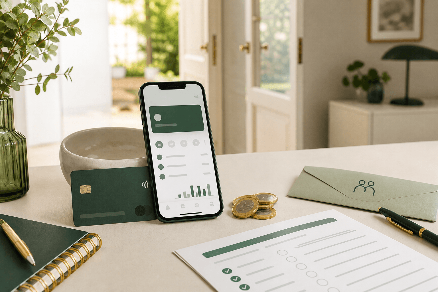 Carta di debito, smartphone, monete e documenti per richiedere il conto corrente di base
