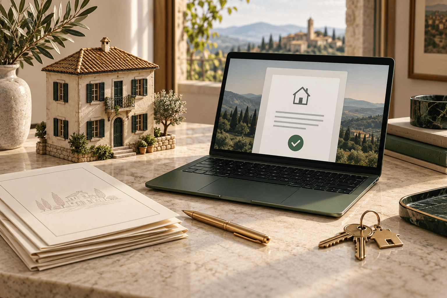 Casa in miniatura, documenti immobiliari e computer con conferma simbolica di una dichiarazione online