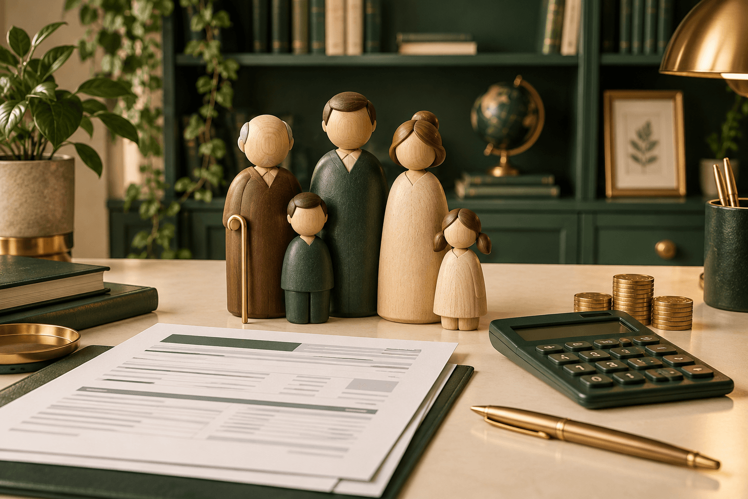 Figure in legno di una famiglia accanto a documenti fiscali, calcolatrice verde e monete