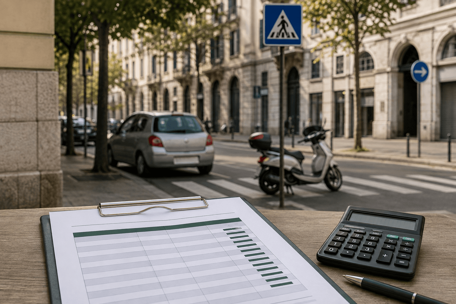 Automobile e scooter su una strada urbana accanto a una tabella delle sanzioni stradali