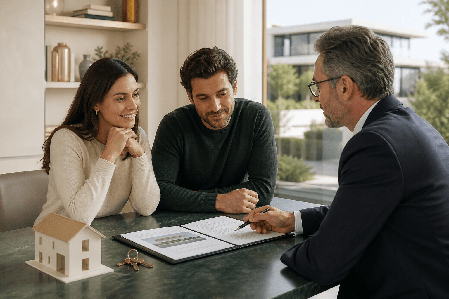 Coppia che valuta con un consulente un mutuo al 100 per cento per la prima casa