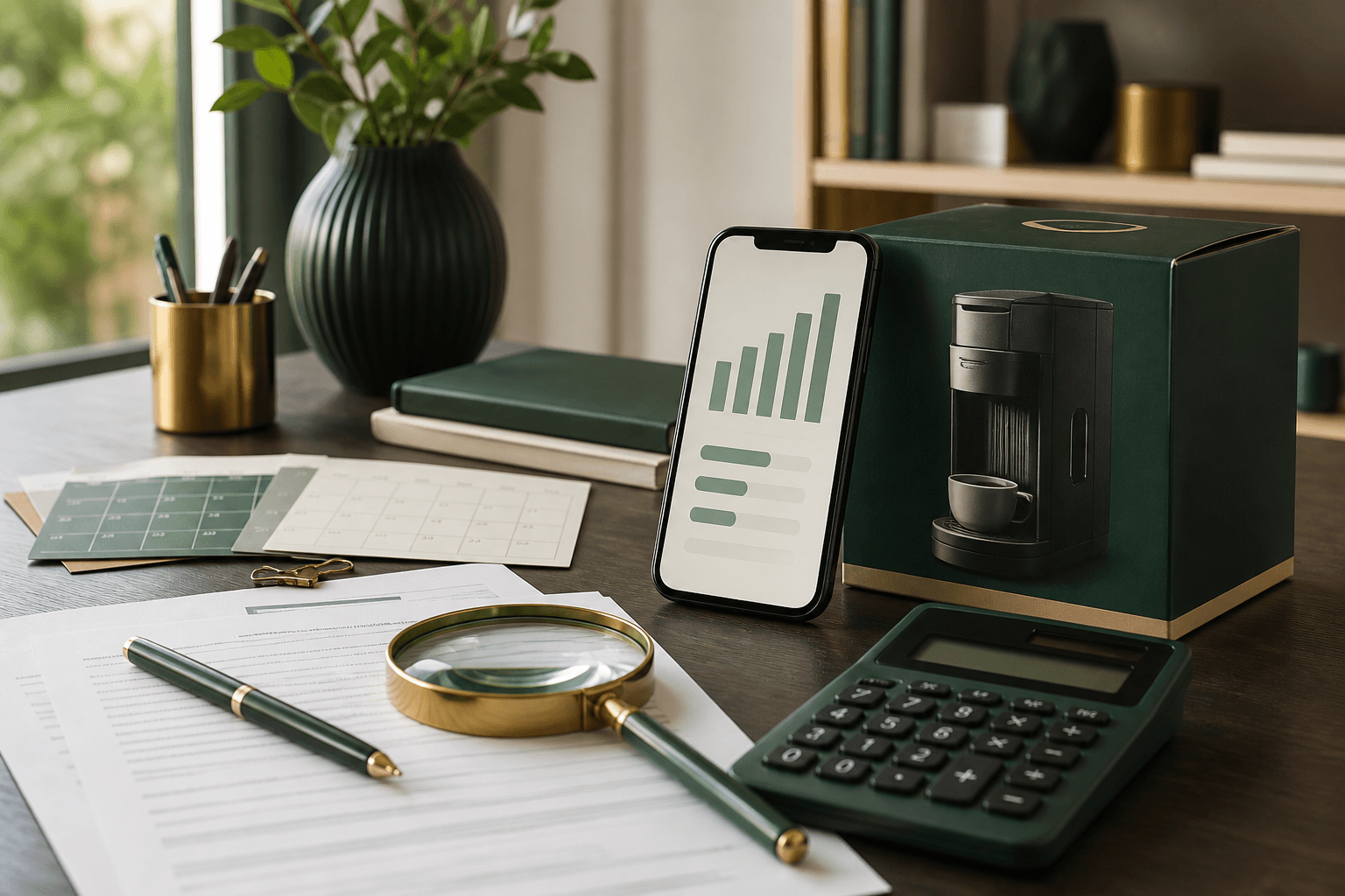 Smartphone con piano rateale, contratto, calendario, calcolatrice e acquisto finanziato