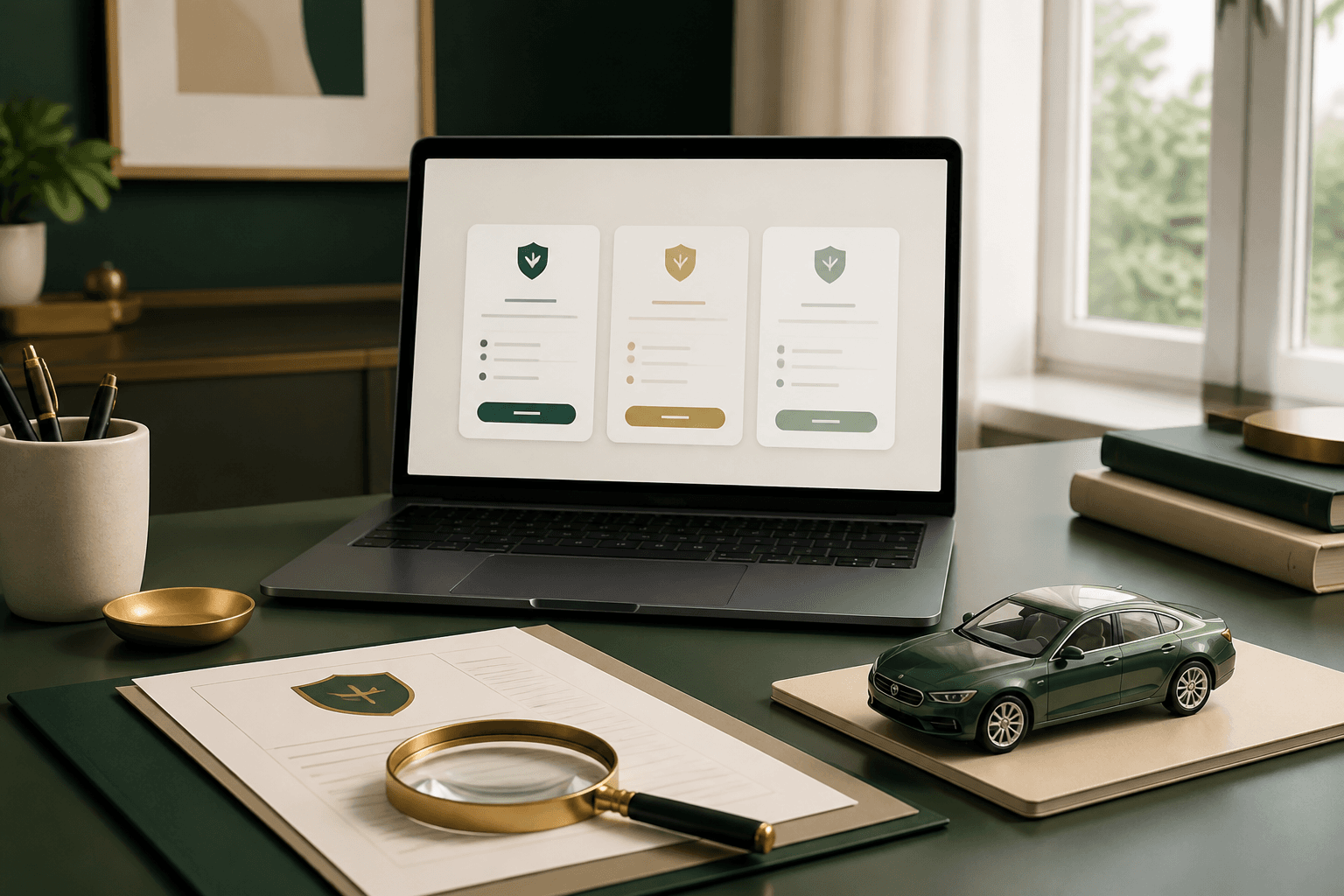 Computer con preventivi assicurativi, automobile, polizza e lente di ingrandimento