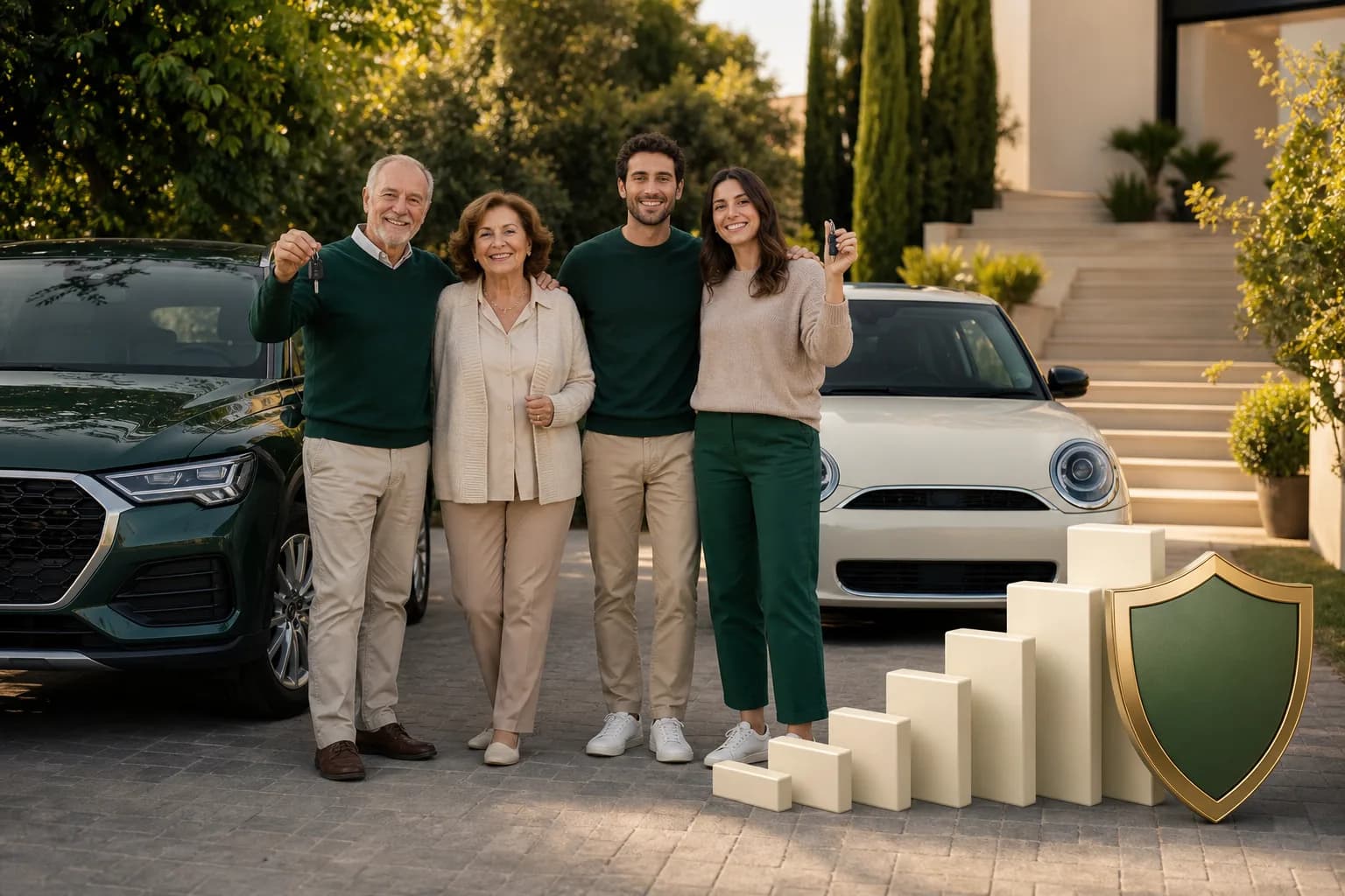 Famiglia italiana accanto a due automobili con scudo assicurativo e scala della classe di merito