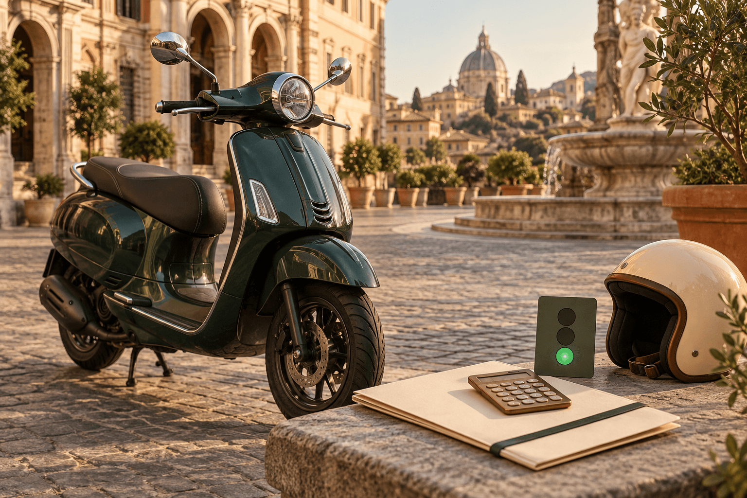 Scooter verde, casco, calcolatrice e semaforo verde per confrontare l'assicurazione