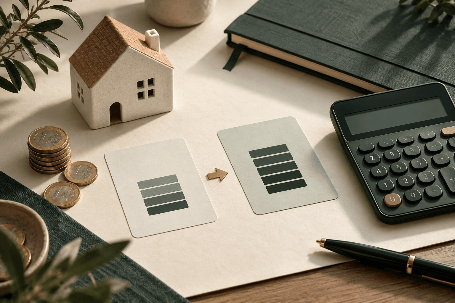 Casa in miniatura, calcolatrice e confronto visivo tra due rate del mutuo per simulare un aumento dei tassi