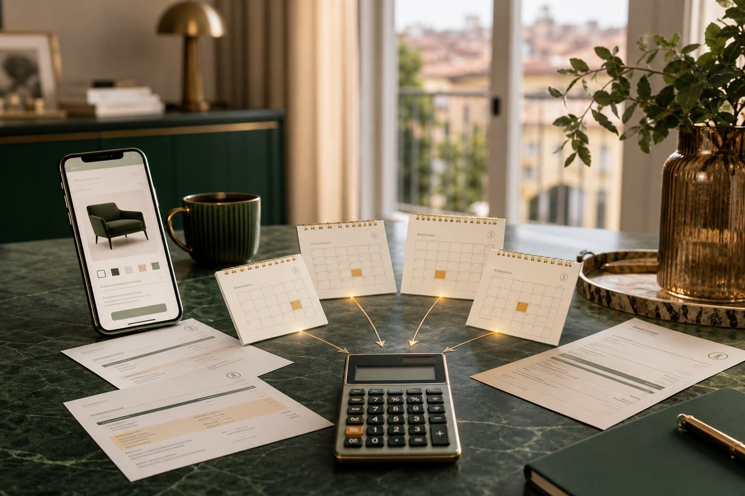 Acquisti online suddivisi in più rate con smartphone, calendario e calcolatrice
