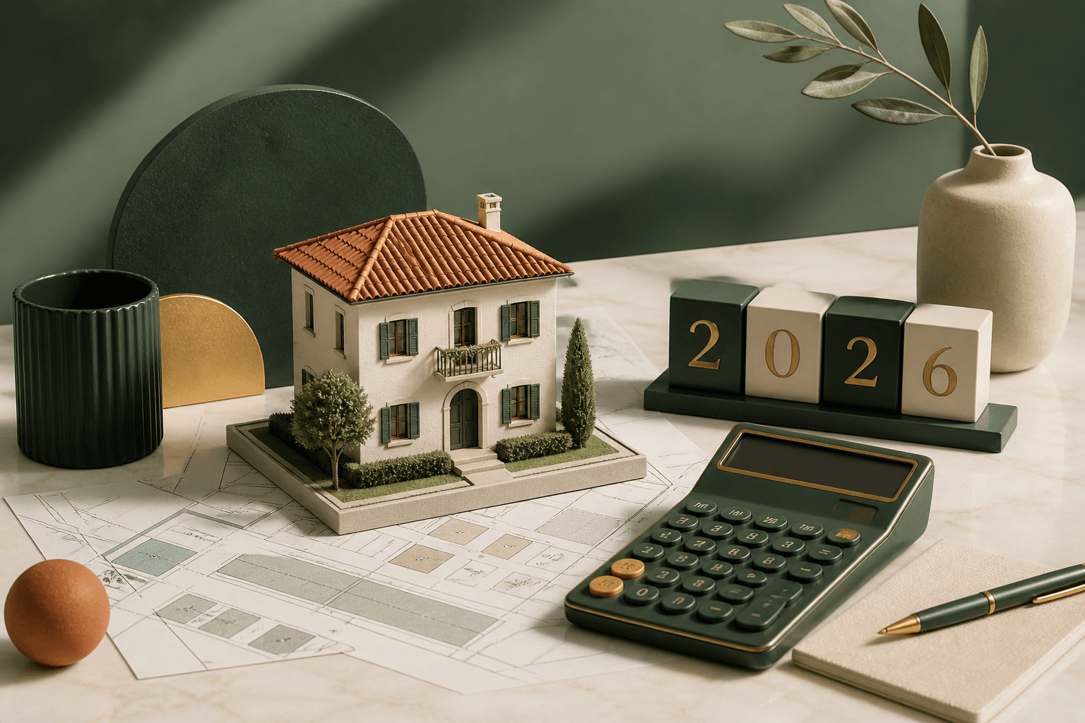 Modellino di una casa italiana con planimetria, calcolatrice e calendario 2026 per il calcolo IMU