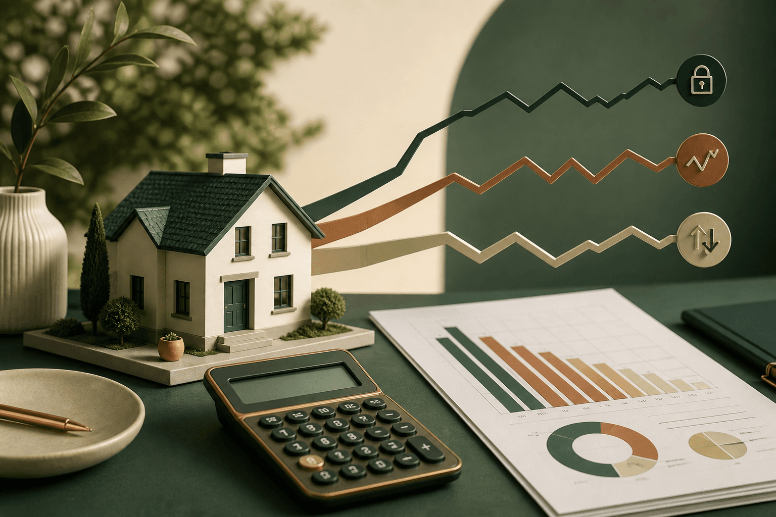 Casa, calcolatrice e grafici con diversi percorsi dei tassi per simulare la rata del mutuo