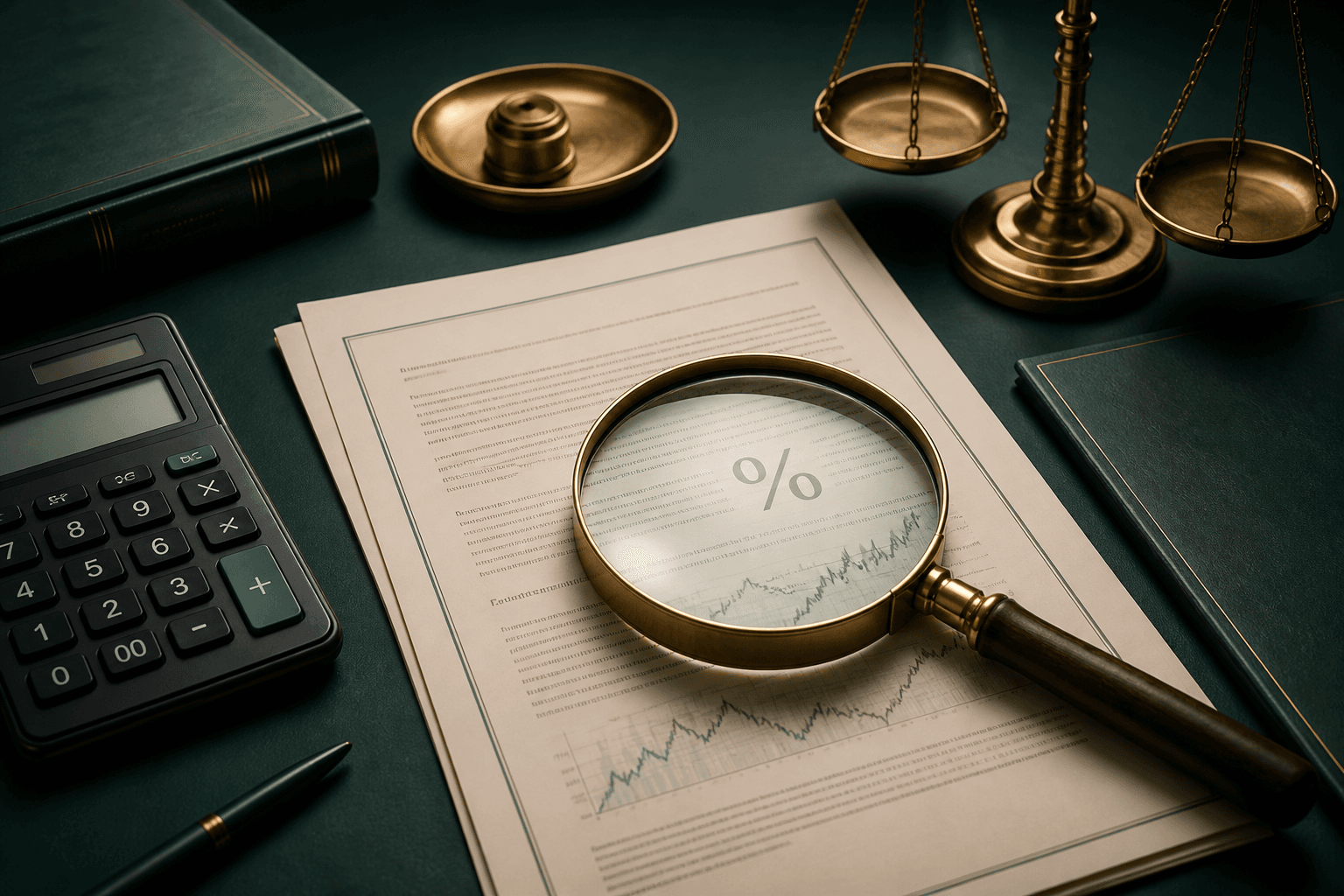 Contratto di finanziamento esaminato con lente, calcolatrice e bilancia per verificare il tasso soglia antiusura