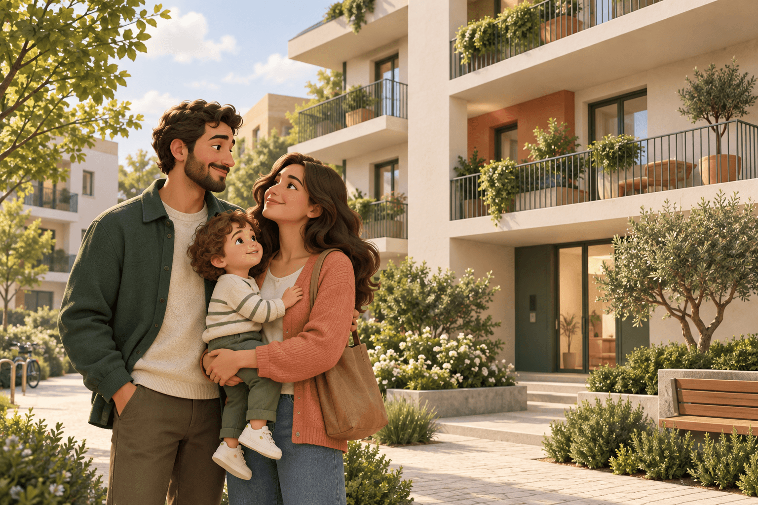 Coppia con un figlio davanti a una casa possibile, scenario illustrativo Koncepto