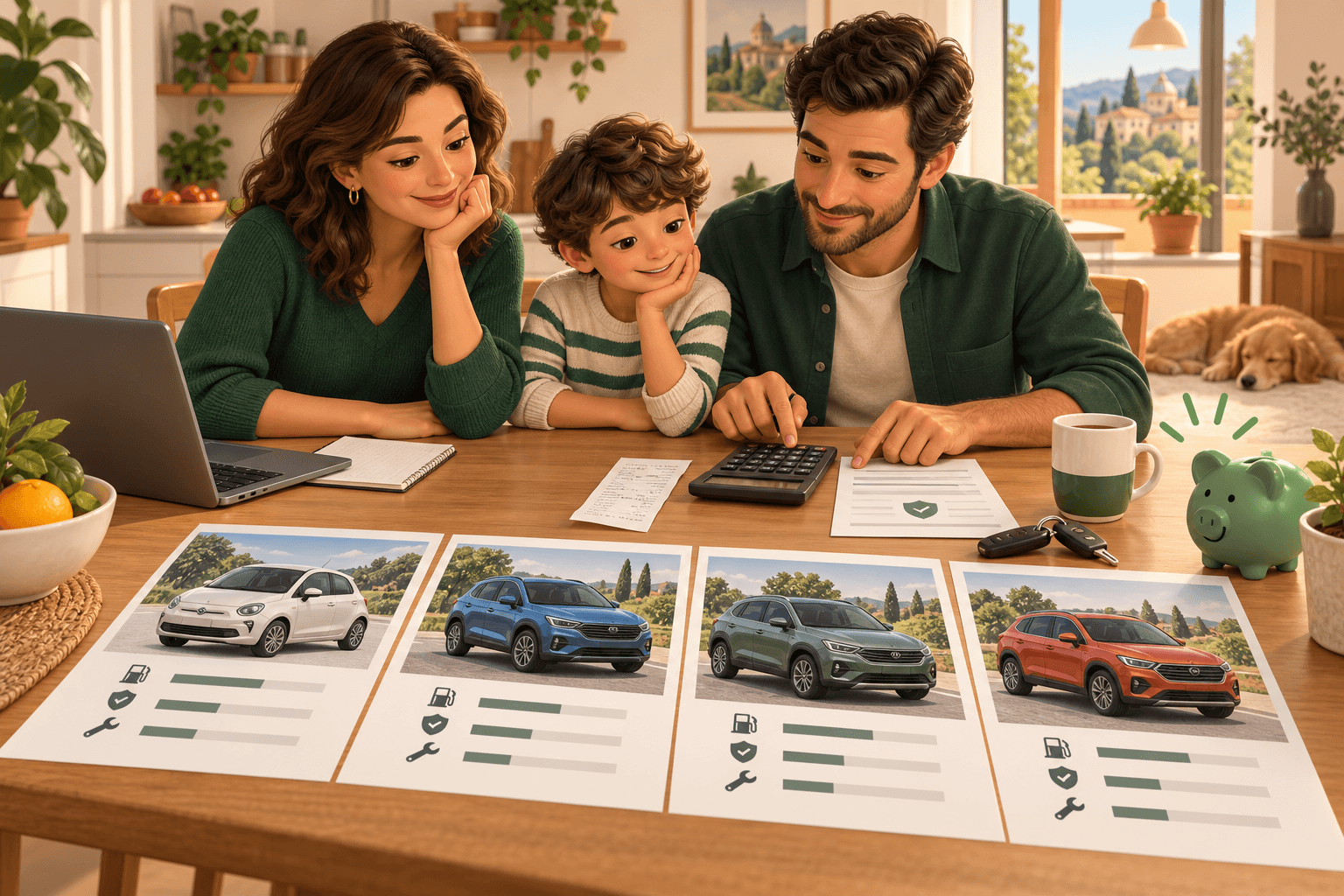 Famiglia confronta auto, spese, carburante e risparmio con una calcolatrice