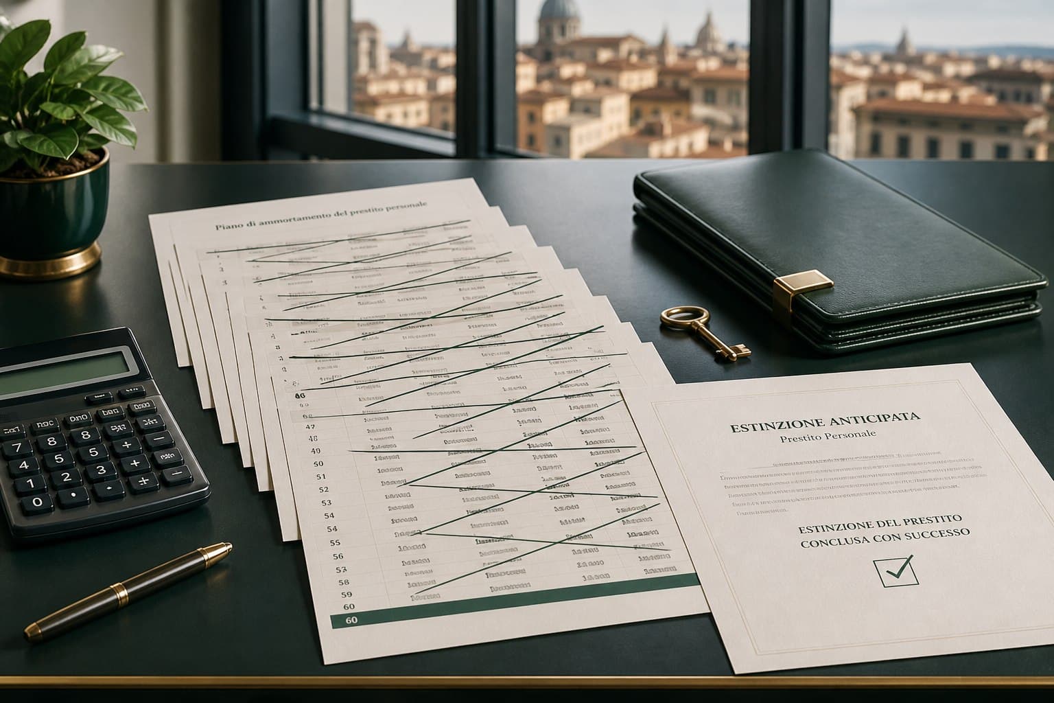 Piano di rate chiuso in anticipo con calcolatrice e documento di conteggio estintivo