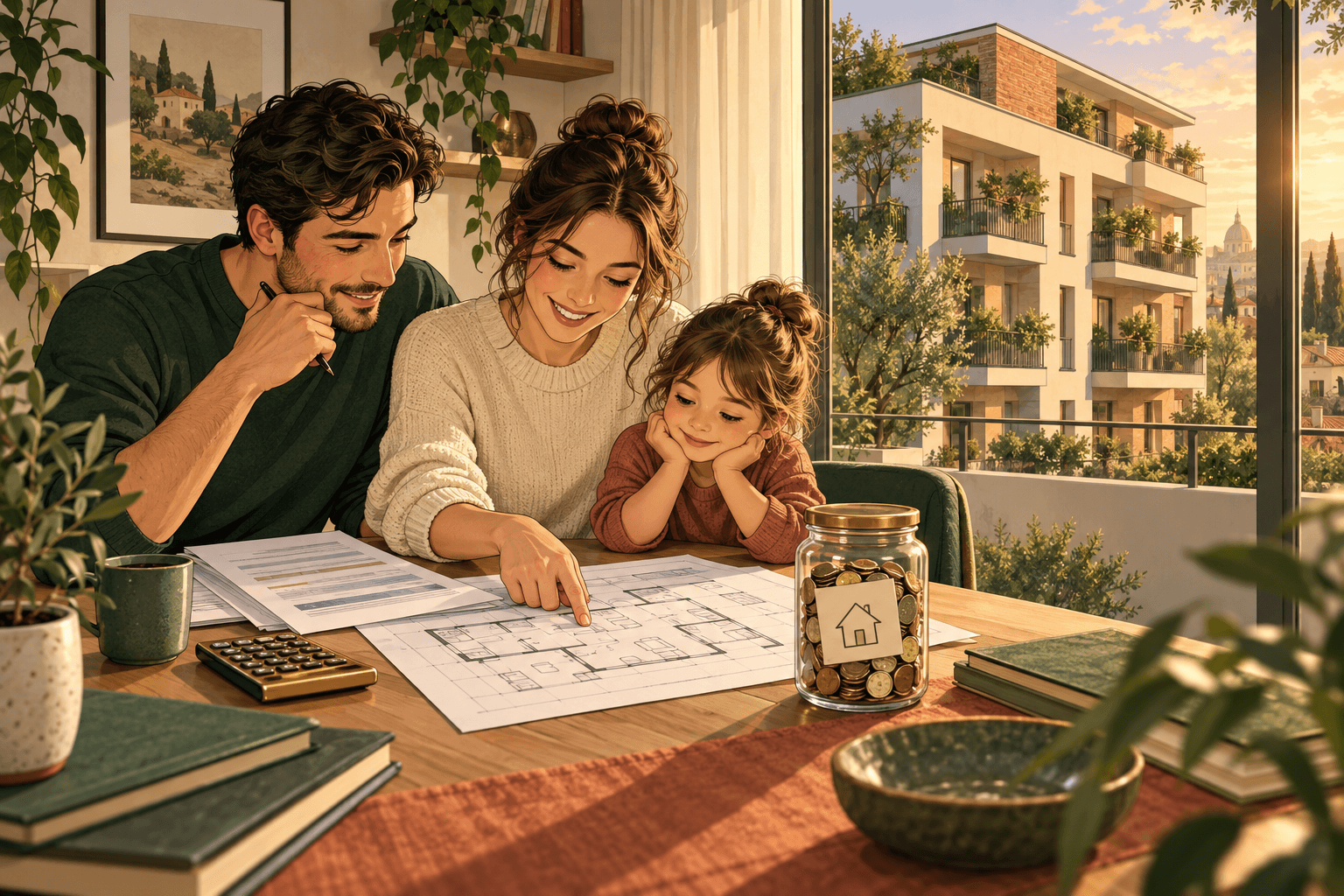 Famiglia che pianifica casa, stipendio, risparmi e mutuo in una scena illustrata Koncepto