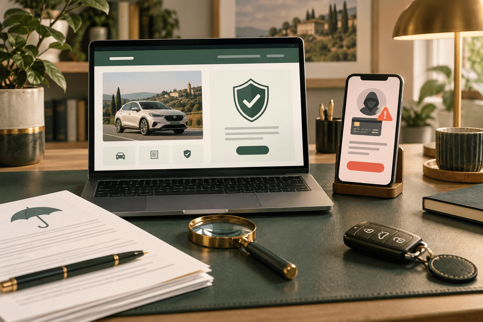 Computer con verifica di un sito assicurativo, scudo, documenti RC Auto e smartphone con avviso di possibile truffa